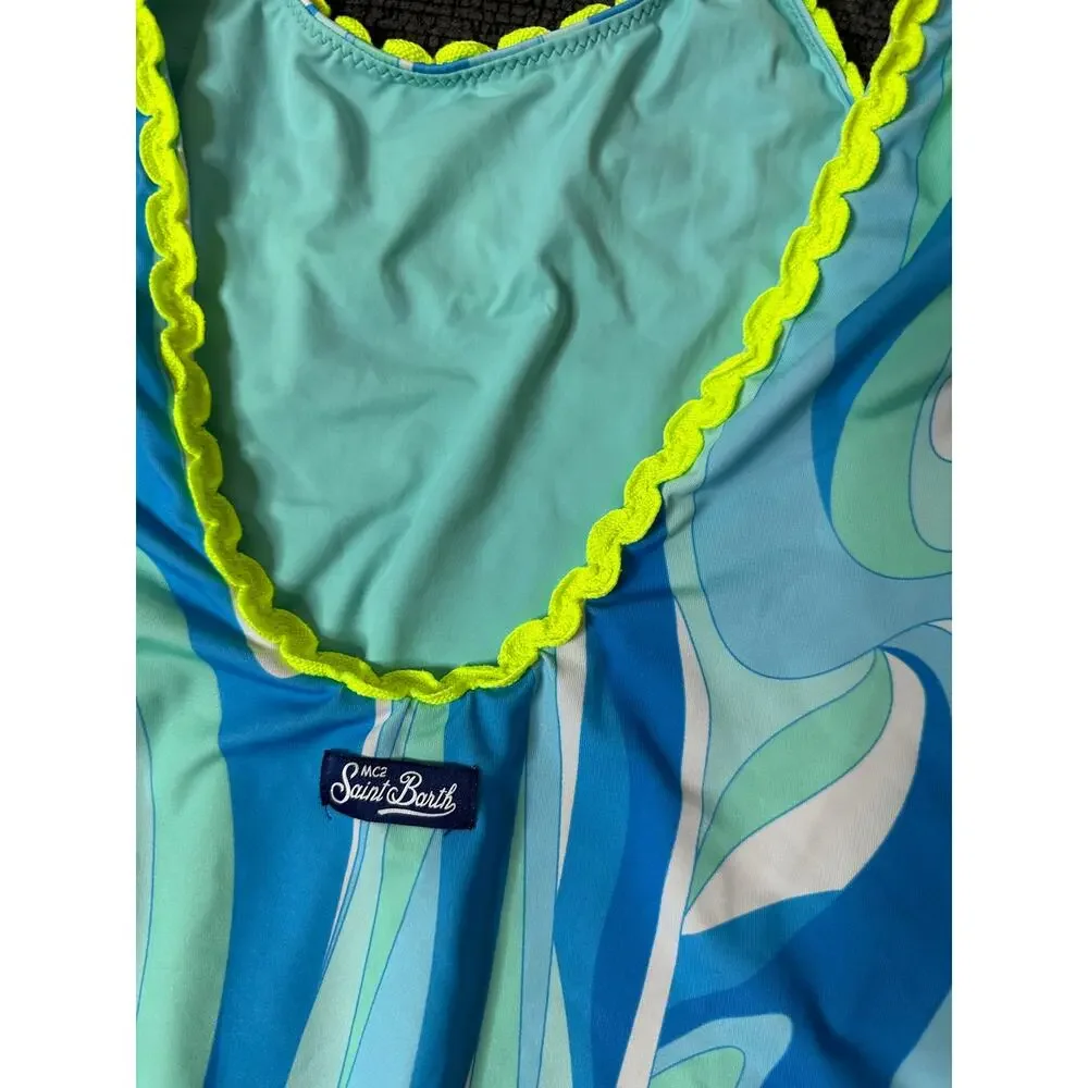 MC2 Saint Barth Girls Blue Wave Print Logo Swimsuit size 12 Made in Italy